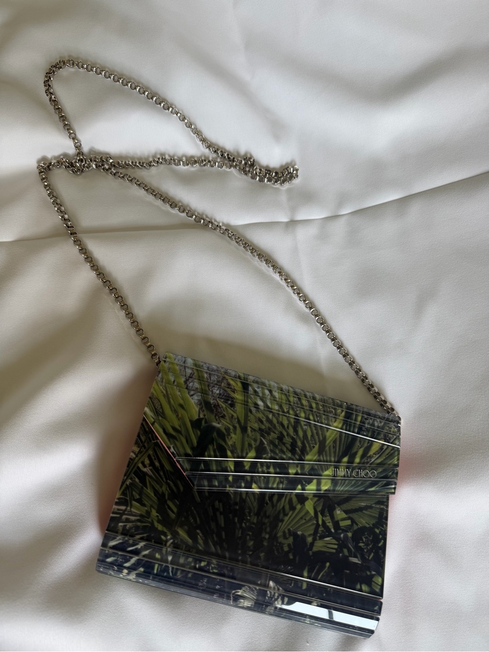 Jimmy Choo Green Palm-Print Acrylic Crossbody with Silver Chain